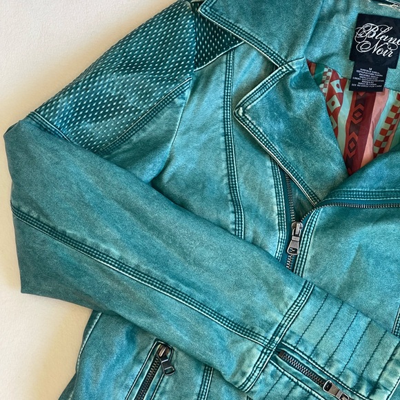 Blanc Noir turquoise teal faux leather moto jacket • size M - Picture 9 of 16